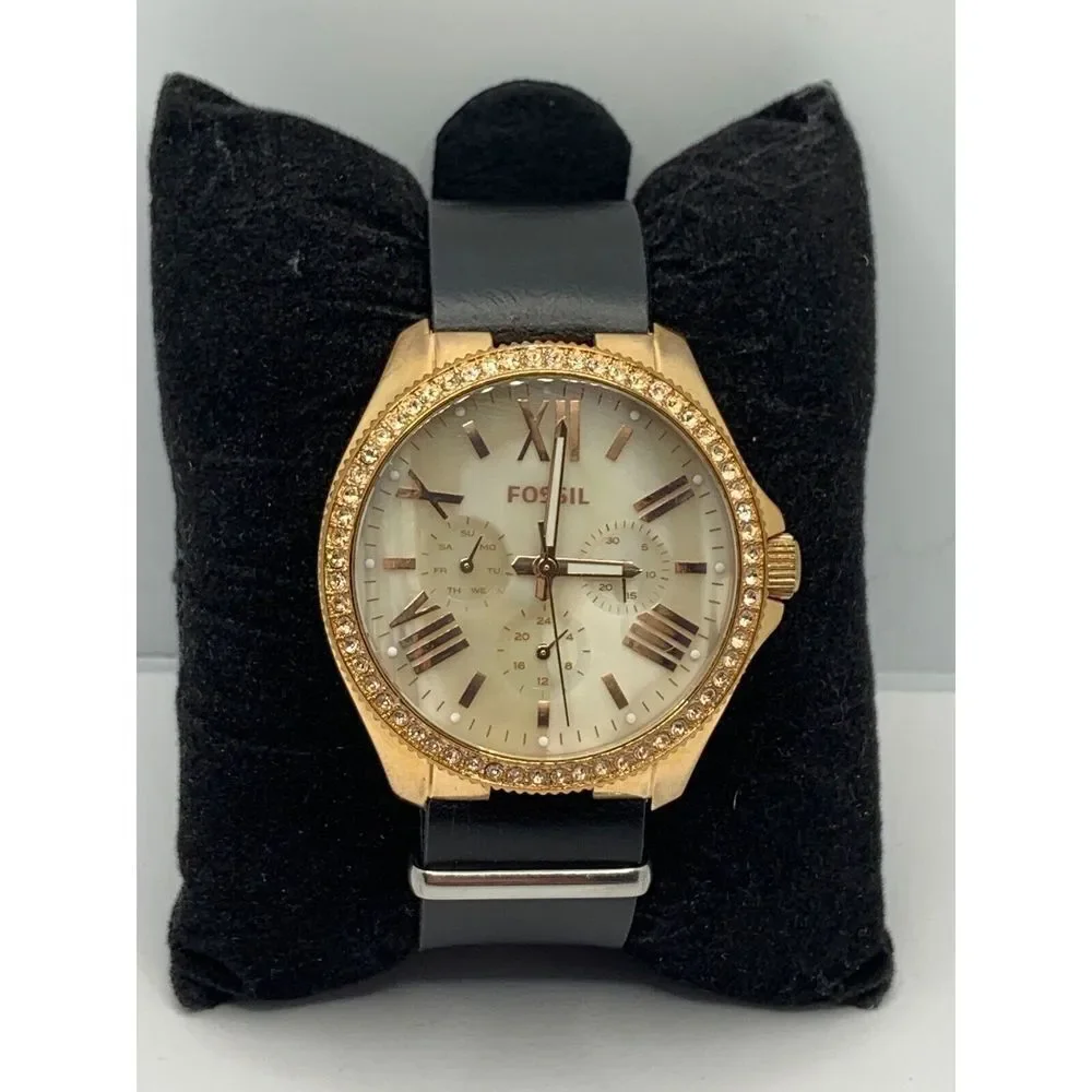 Fossil AM4616 Women's Black Leather Analog Beige Dial Quartz Wrist Watch RU263